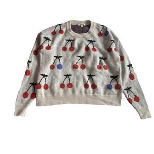 Madewell Cherry Jacquard Pullover Sweater Cropped Fruit Heather Cement NWOT XS
